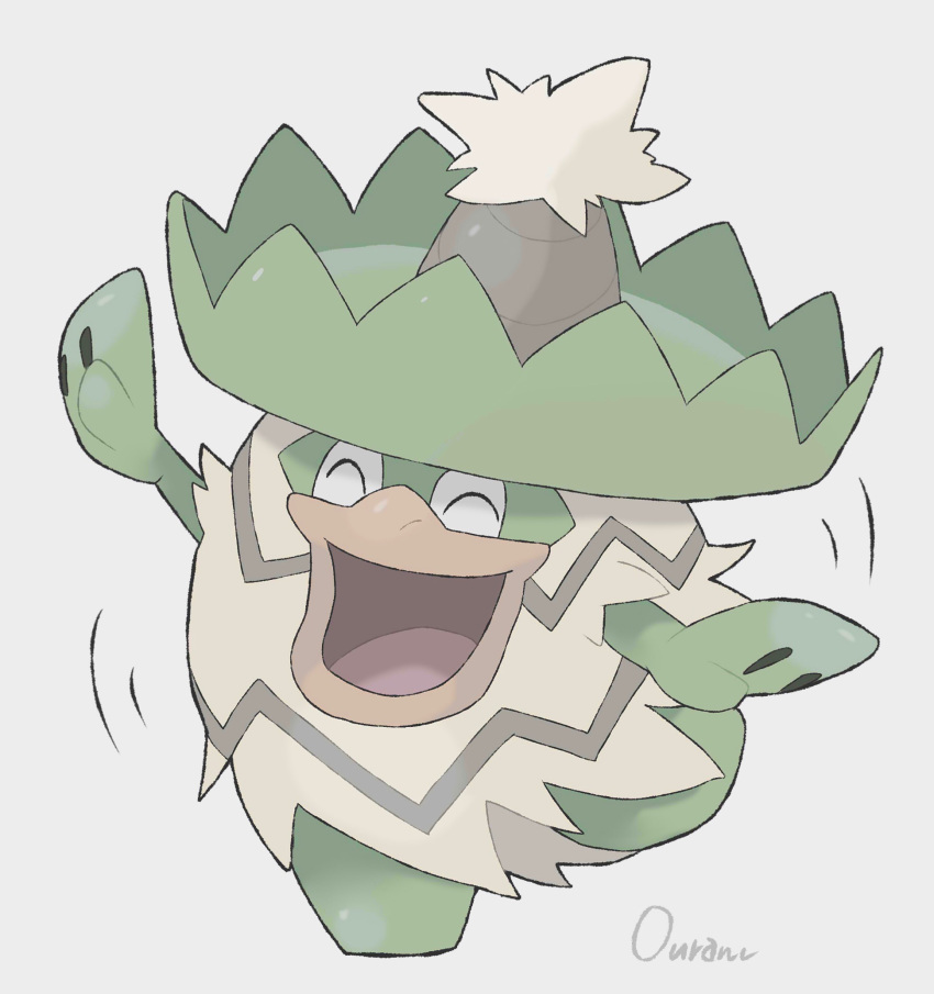 closed_eyes commentary_request full_body gen_3_pokemon happy highres ludicolo no_humans open_mouth ouran outstretched_arms pokemon pokemon_(creature) signature simple_background smile solo tongue white_background