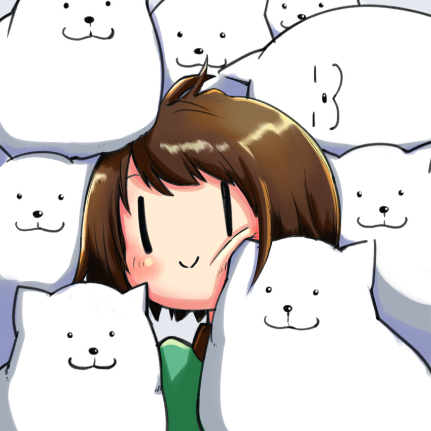 1other :3 androgynous annoying_dog bangs black_eyes blush bob_cut brown_hair cheek_squash closed_eyes closed_mouth commentary dog frisk_(undertale) green_shirt happy highres shiny shiny_hair shirt short_hair smile swept_bangs too_many_dogs undertale uno_usaya upper_body |_|