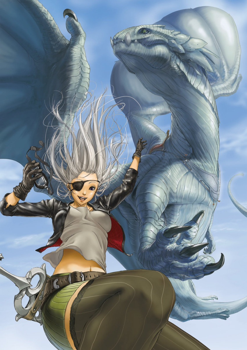 1girl :d belt black_eyes black_jacket blue_sky breasts day dragon eyepatch falling floating_hair foreshortening gloves goggles grey_gloves grey_hair grey_legwear grey_shirt grey_shorts hand_up highres holding holding_goggles jacket leather leather_jacket looking_at_viewer medium_breasts mole mole_under_eye one_eye_covered open_clothes open_jacket open_mouth original outdoors perspective shirt shorts sky smile sword teru_sakura thighhighs two-sided_fabric two-sided_jacket weapon