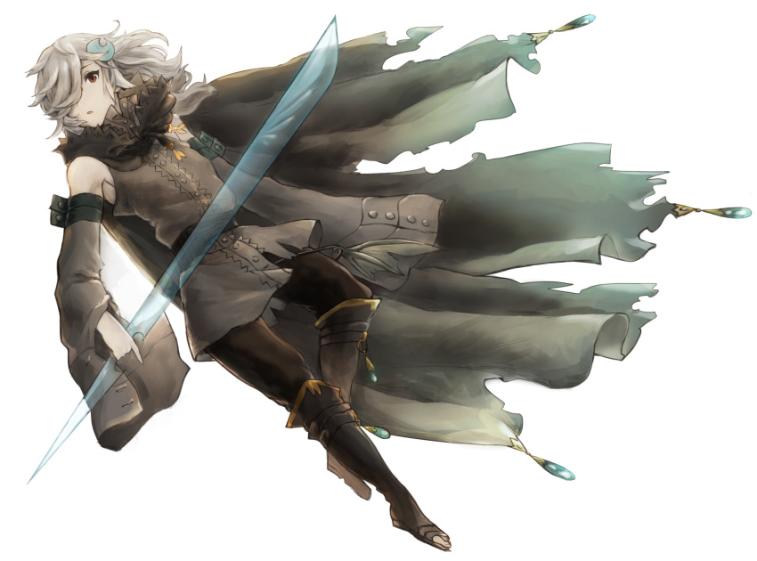 1girl bare_shoulders brown_cloak brown_footwear cloak detached_sleeves fins hair_ornament hair_over_one_eye highres holding holding_sword holding_weapon ito_(silva) long_hair original parted_lips red_eyes simple_background solo sword torn torn_cloak torn_clothes transparent weapon white_background
