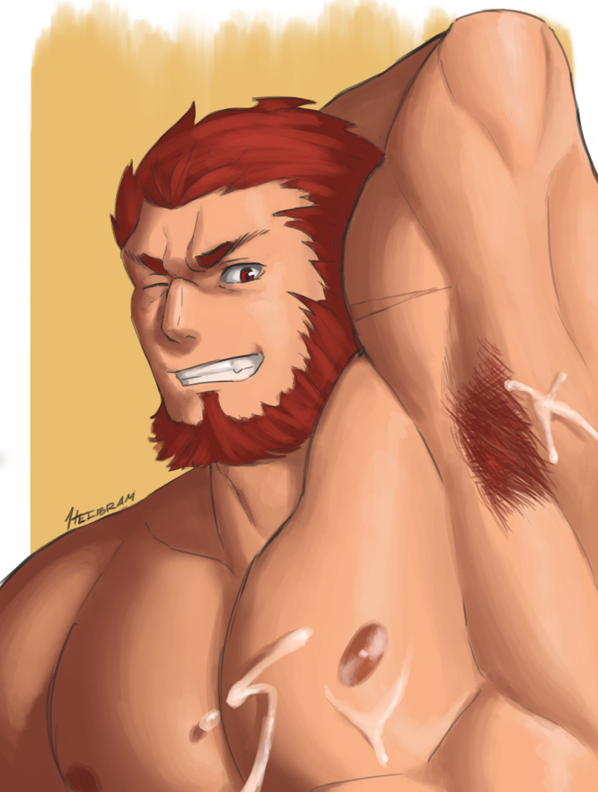 1boy abs absurdres armpit_hair armpits bara beard close-up completely_nude cum cum_on_armpits cum_on_body cum_on_pectorals facial_hair fate/grand_order fate/zero fate_(series) highres implied_yaoi iskandar_(fate) large_pectorals male_focus mature_male muscular muscular_male nipples nude pectorals red_eyes red_hair short_hair smile solo stomach upper_body whyhelbram