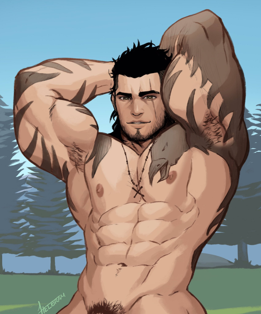 1boy abs arm_tattoo armpit_hair armpits arms_up bara beard biceps black_hair chest_tattoo completely_nude cross cross_necklace facial_hair final_fantasy final_fantasy_xv gladiolus_amicitia highres jewelry large_pectorals male_focus male_pubic_hair mature_male muscular muscular_male navel necklace nipples nude out-of-frame_censoring pubic_hair reward_available scar scar_across_eye short_hair smile solo stomach stubble tattoo whyhelbram