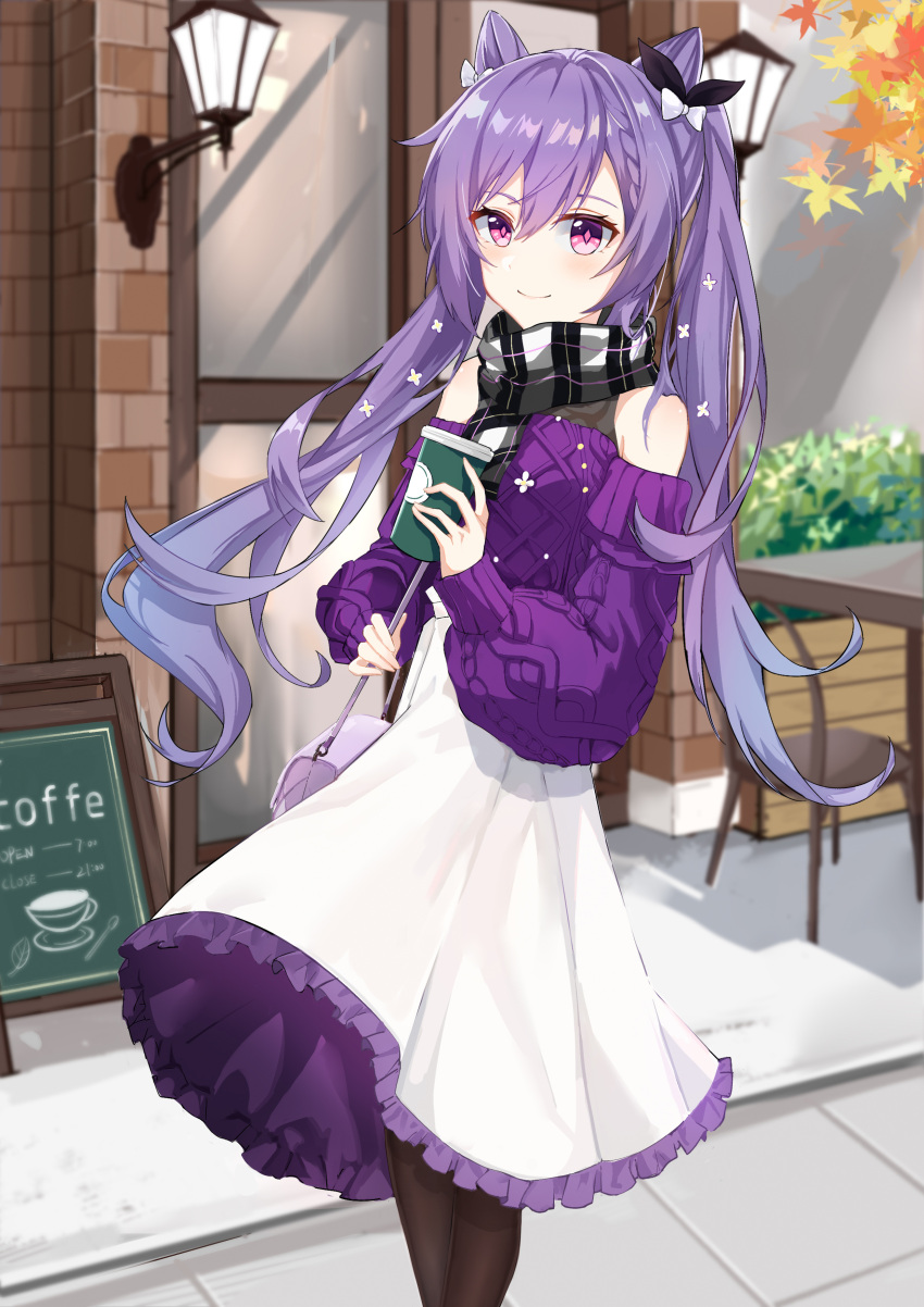 1girl absurdres bag bare_shoulders black_legwear blush bow casual chair chenmu_sora cup double_bun drink drinking_straw flower frilled_skirt frills genshin_impact hair_bow hair_flower hair_ornament half-closed_eyes highres holding holding_cup keqing_(genshin_impact) long_sleeves looking_at_viewer outdoors pantyhose plaid plaid_scarf purple_eyes purple_hair purple_sweater scarf sign skirt solo standing sweater table twintails white_skirt