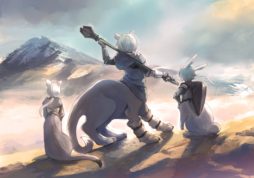 3girls animal_ears bunny_ears bunny_girl centauroid cloud cornelia_(mountain_of_heaven) from_behind gauntlets highres holding holding_weapon hood hood_down imacomai kanabi_(mountain_of_heaven) mace mountain multiple_girls outdoors pixiv_fantasia_mountain_of_heaven ponytail repa_(mountain_of_heaven) shadow shield sphinx standing tail weapon white_hair