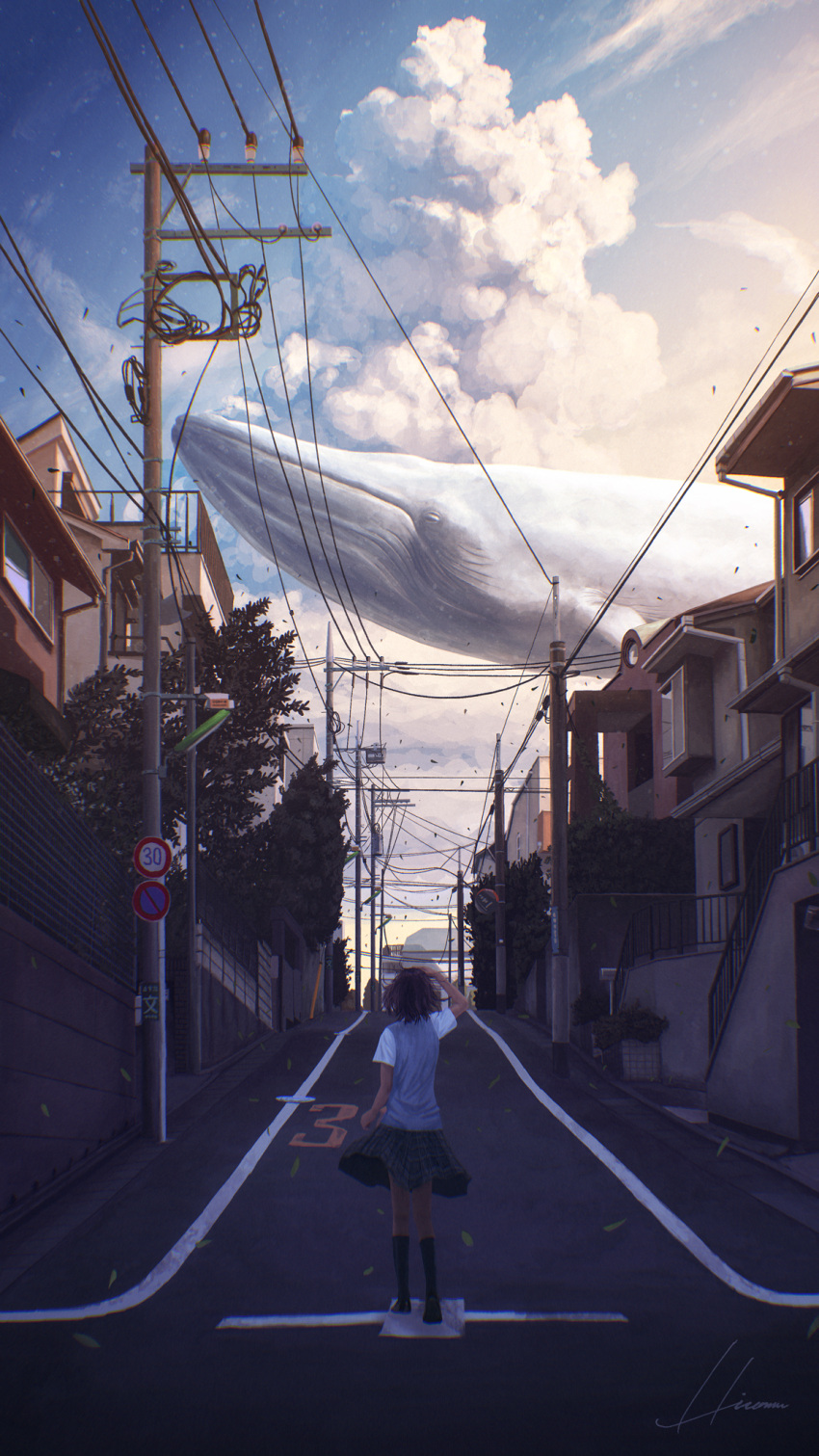 1girl brown_hair building cloud falling_leaves flying_whale from_behind highres hipy_(image_oubliees) house kneehighs leaf medium_hair original plaid plaid_skirt power_lines railing road scenery sign signature skirt sky speed_limit_sign sweater_vest tree utility_pole whale wind
