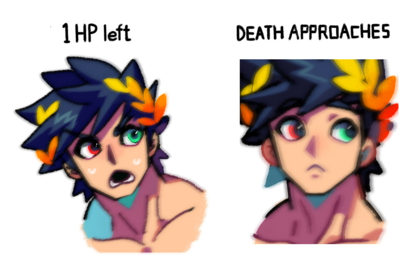 1boy :&lt; black_hair denaseey english_text gameplay_mechanics green_eyes hades_(game) heterochromia highres laurel_crown male_focus open_mouth red_eyes sweat upper_body zagreus_(hades)