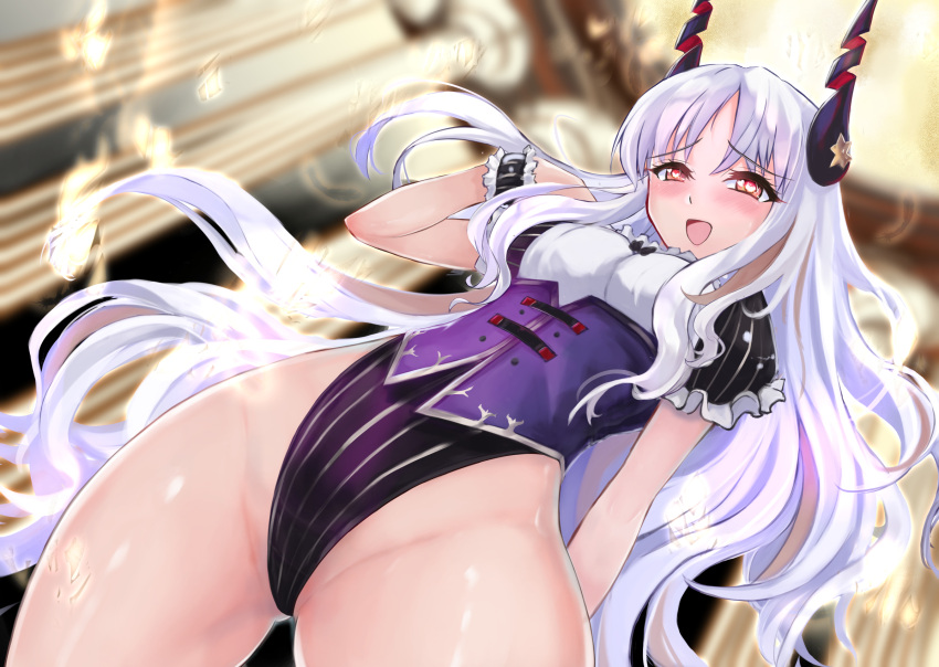 1girl bangs blush bow breasts caren_hortensia caren_hortensia_(amor_caren) corset fate/grand_order fate_(series) frills hair_ornament highleg highleg_leotard highres leotard long_hair looking_at_viewer medium_breasts moral-steel open_mouth pink_bow pink_eyes puffy_short_sleeves puffy_sleeves short_sleeves smile very_long_hair wavy_hair white_hair wrist_cuffs