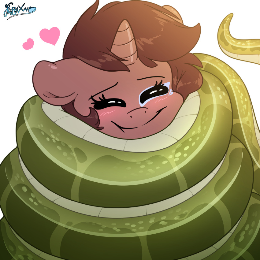 &lt;3 1:1 2021 absurd_res apode aripegio_del_mandolino_(oc) blush brown_hair coiling cuddling draconcopode equid equine eyes_closed fan_character fluffyxai hair hasbro hi_res horn horse hug lamia legless mammal melyssa_(oc) my_little_pony pony reptile scalie serpentine smile snake split_form squish unicorn wrapped_up