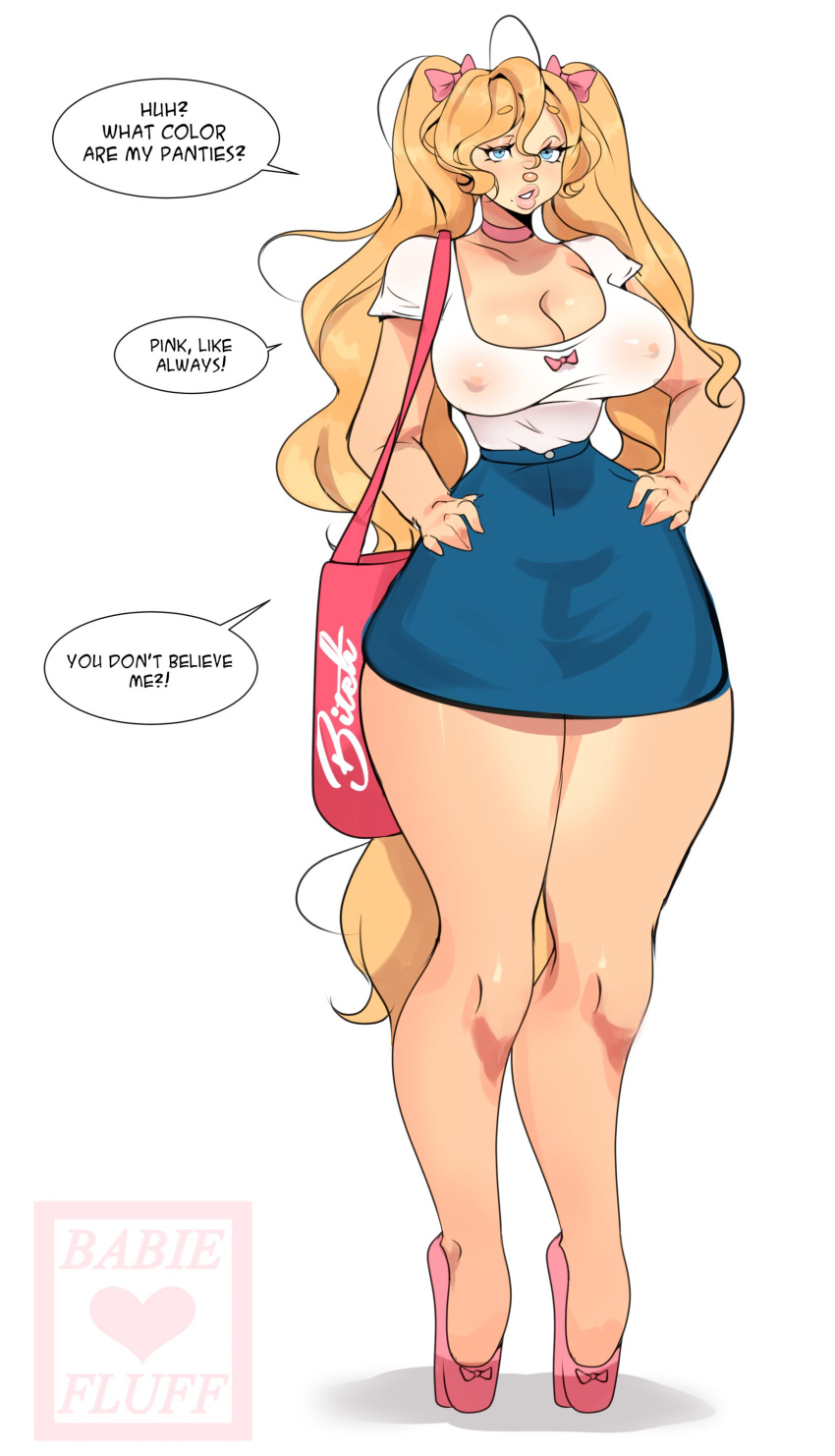 absurd_res animal_humanoid babie_fluff big_breasts bimbofication blonde_hair bottomwear breasts canid canid_humanoid canine canine_humanoid canis cleavage clothed clothing dialogue dog_humanoid female footwear hair hand_on_hip hi_res high_heels humanoid mammal mammal_humanoid millie_(babie) miniskirt pigtails shoes skirt solo wide_hips