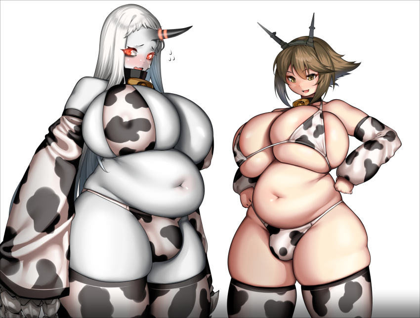 animal_print armwear bell bell_collar belly big_breasts biped blaccura blush breasts brown_hair bulge cleavage clothed clothing collar cow_print cowbell detached_sleeves duo gynomorph hair hi_res horn huge_breasts human humanoid hybrid intersex kantai_collection legwear light_body light_skin long_hair looking_at_viewer mammal midriff monotone_hair monster mutsu_(kancolle) navel nipple_outline not_furry overweight overweight_gynomorph overweight_human overweight_humanoid overweight_intersex pale_skin red_eyes seaport_princess short_hair simple_background skindentation standing thick_thighs thigh_highs white_background white_body white_hair white_skin wide_hips