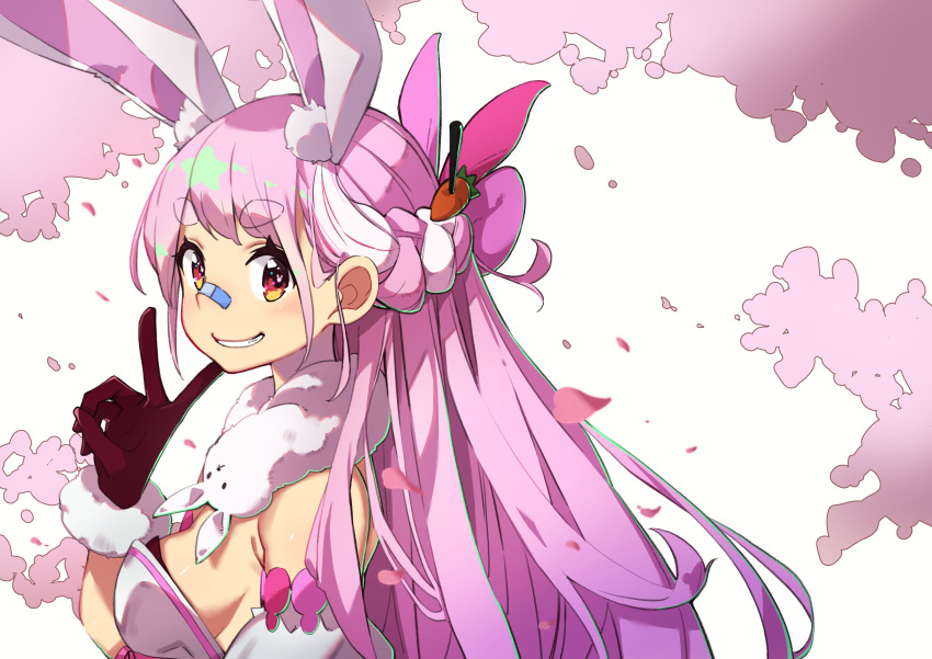 1girl absurdres alternate_hair_color alternate_hairstyle animal_ear_fluff animal_ears arm_garter bandaid bandaid_on_nose black_gloves black_leotard blush braid breasts bunny_ears carrot_hair_ornament cherry_blossoms commentary don-chan_(usada_pekora) dress eyebrows_visible_through_hair food_themed_hair_ornament french_braid from_side fur-trimmed_gloves fur_scarf fur_trim gloves grin hair_ornament highres hololive leotard long_hair looking_at_viewer medium_breasts multicolored_hair petals pink_hair red_eyes sideboob simple_background smile solo strapless strapless_dress streaked_hair symbol-shaped_pupils thick_eyebrows two-tone_hair upper_body usada_pekora ushiki_yoshitaka v virtual_youtuber white_background white_dress white_hair
