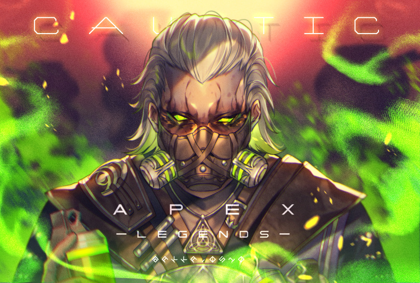 1boy apex_legends can caustic_(apex_legends) character_name colored_sclera copyright_name gas_can gas_mask green_eyes green_sclera hair_behind_ear hair_slicked_back highres holding holding_can looking_at_viewer male_focus mask mizutama_(mao11260510) mouth_mask solo upper_body white_hair