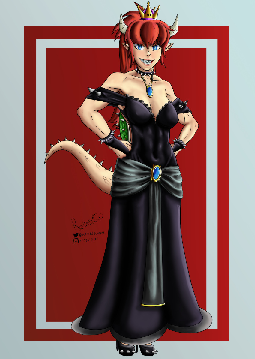 1girl absurdres black_dress bowsette dress highres horns looking_at_viewer muscular muscular_female nintendo red_hair rob012dostuff simple_background smile super_crown super_smash_bros. tail