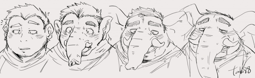 anthro blush bodily_fluids clothed clothing drooling elephant elephantid greyscale hair human human_to_anthro male mammal matatabi88 monochrome open_mouth proboscidean proboscis_(anatomy) saliva sequence smile solo species_transformation surprise transformation trunk trunk_(anatomy) tusks