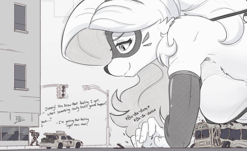 anthro big_breasts breasts canid canine car female hair larger_female long_hair macro mammal mask monochrome ncmares side_boob size_difference smile vehicle