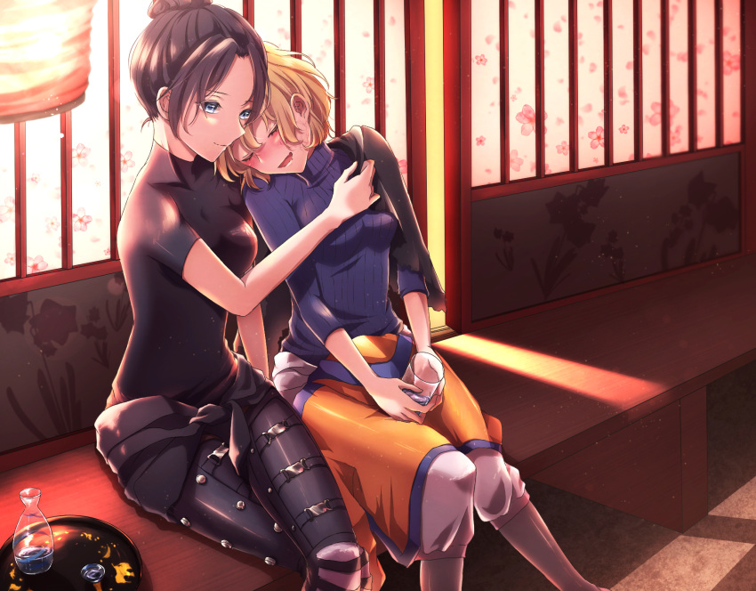 2girls apex_legends bench black_bodysuit black_hair blonde_hair blue_sweater blush bodysuit breasts closed_eyes crossed_legs cup drinking_glass drunk hair_behind_ear hair_bun hand_on_another's_shoulder highres holding holding_cup lantern leaning_on_person looking_down medium_breasts multiple_girls open_mouth ribbed_sweater sa10yul sakazuki short_hair silver_eyes sitting smile sweater wattson_(apex_legends) wraith_(apex_legends) yuri