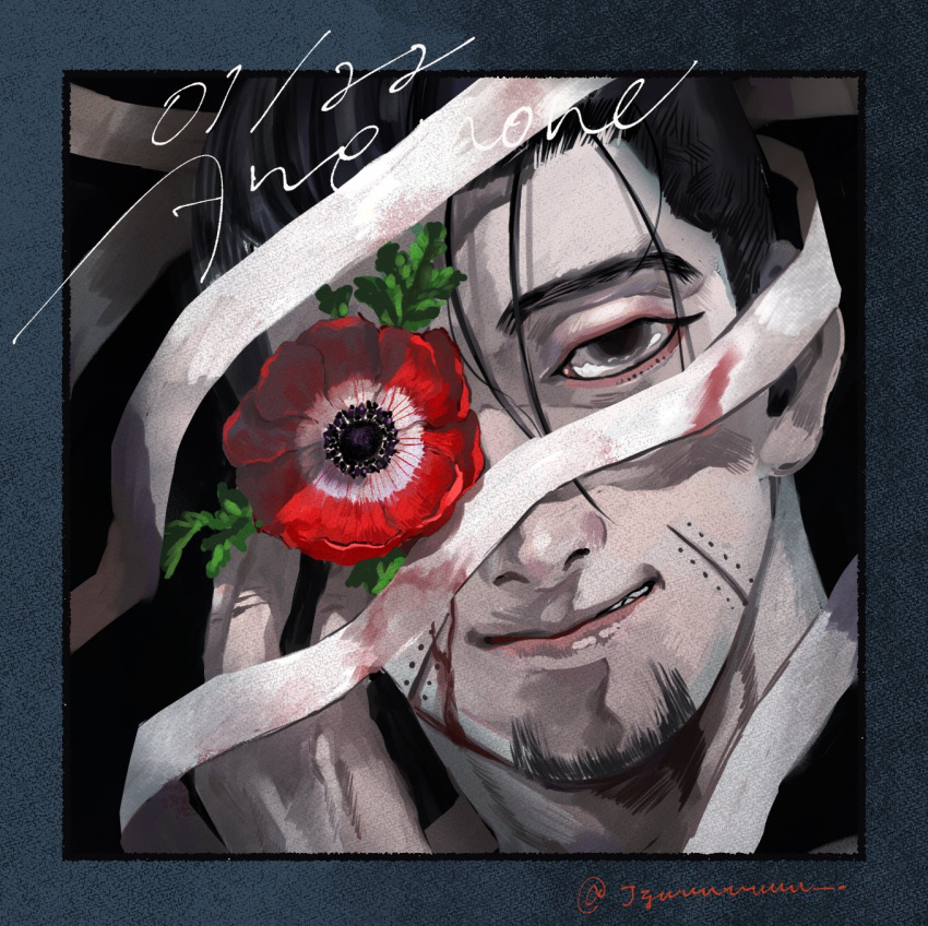 1boy bandages black_background black_eyes black_hair blood blood_on_face bloody_bandages dated facial_hair flower goatee golden_kamuy highres jyuuuuuuu_(pizza) looking_at_viewer male_focus ogata_hyakunosuke poppy_(flower) scar scar_on_cheek scar_on_face solo twitter_username