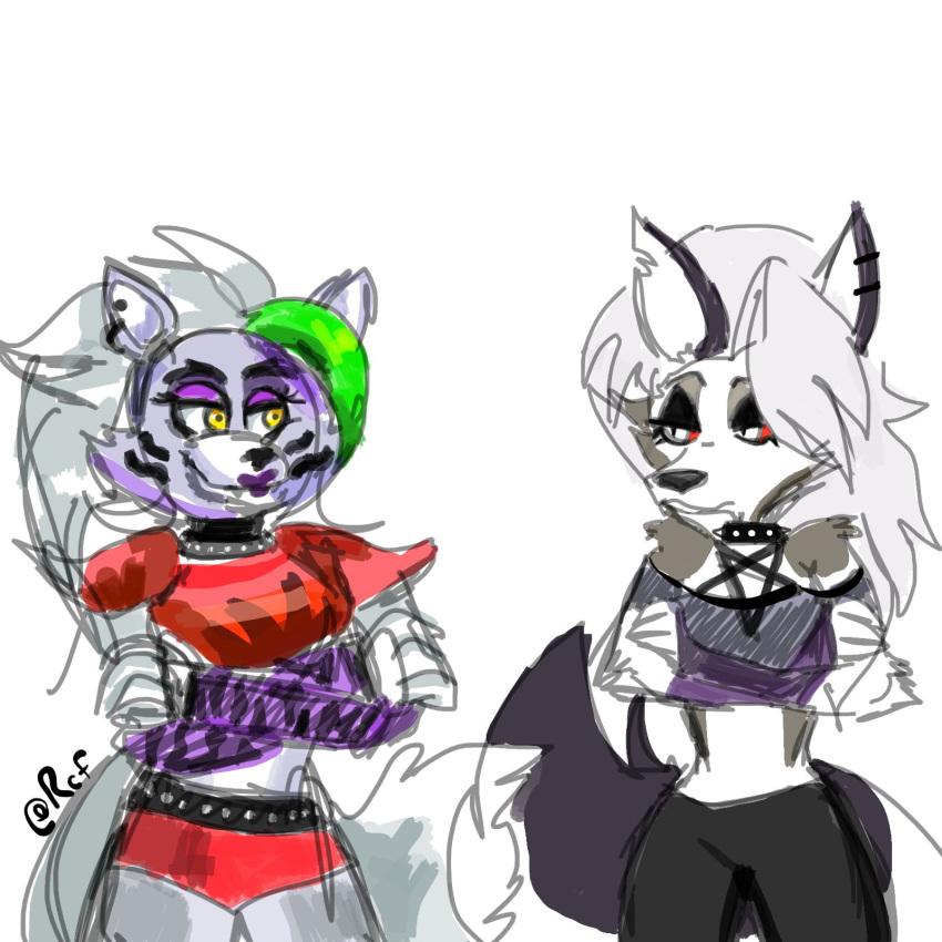 animatronic anthro armwear black_clothing black_nose bottomwear breasts canid canid_demon canine canis clothing crossed_arms demon duo ear_piercing ears_up eyeliner female five_nights_at_freddy's five_nights_at_freddy's:_security_breach fluffy fluffy_tail fur goth green_hair green_highlights grey_body grey_bottomwear grey_clothing grey_fur grey_hair grey_topwear hair harness hellhound helluva_boss hi_res highlights_(coloring) lipstick loona_(vivzmind) machine makeup mammal mascara monster notched_ear panties pentagram pentagram_harness piercing punk pupils red_bottomwear red_clothing red_eyes red_topwear robot rocker roxanne_wolf_(fnaf) shoulder_pads slit_pupils small_breasts topwear torn_clothing torn_topwear underwear unknown_artist video_games wolf yellow_eyes