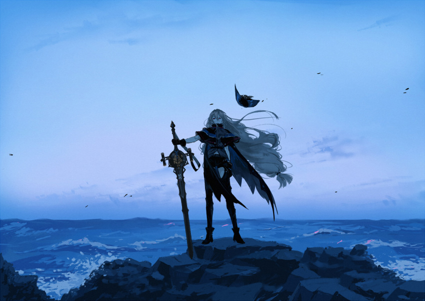 1girl ajimita arknights claymore_(sword) cloak cloud gloves hand_on_hilt hat long_hair low-tied_long_hair ocean planted_sword planted_weapon rock short_sleeves silver_hair skadi_(arknights) sky solo standing sword very_long_hair weapon