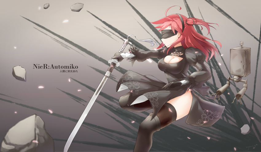 1girl absurdres ahoge black_blindfold black_dress black_gloves black_hairband blindfold boots breasts cleavage cleavage_cutout clothing_cutout cosplay covered_eyes dress eyelashes feather-trimmed_sleeves from_side gloves hairband highres holding holding_sword holding_weapon hololive juliet_sleeves katana leather leather_boots long_hair long_sleeves looking_away medium_breasts medium_hair nier_(series) nier_automata one_side_up pink_hair puffy_sleeves qingyunmengyi sakura_miko short_dress side_slit sword thigh_boots thighhighs thighhighs_under_boots virtual_youtuber virtuous_contract weapon yorha_no._2_type_b yorha_no._2_type_b_(cosplay)