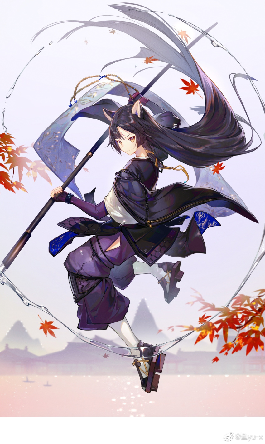 1girl absurdres animal_ears architecture arknights black_hair boat brown_eyes chinese_commentary commentary dog_ears east_asian_architecture elbow_gloves facial_mark fingerless_gloves floating floating_clothes floating_hair forehead_mark geta gloves highres hip_vent holding holding_spear holding_weapon infection_monitor_(arknights) jacket japanese_clothes leaf long_hair maple_leaf ocean open_clothes open_jacket outdoors pants polearm purple_gloves purple_jacket purple_pants saga_(arknights) smile solo spear very_long_hair water watercraft weapon weibo_username white_legwear yu-x