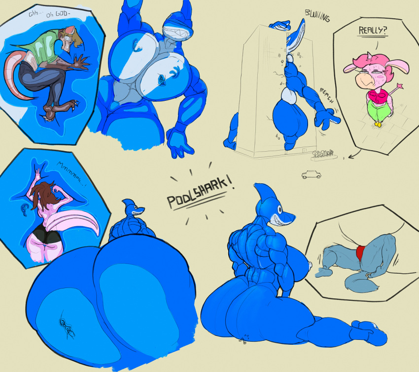 ambiguous_gender amphibian anthro axolotl boon_(vimhomeless) breast_smother breasts canid canine conadolpomp_(artist) didelphid female fish group hi_res inflatable macro male mammal marine marsupial mole_salamander on_glass pool_toy poolshark rubber salamander_(amphibian) shark sitting_on_person size_difference smothering squish