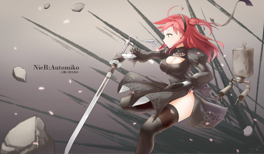 1girl absurdres ahoge black_dress black_gloves black_hairband boots breasts cleavage cleavage_cutout clothing_cutout cosplay dress eyelashes feather-trimmed_sleeves from_side gloves hairband highres holding holding_sword holding_weapon hololive juliet_sleeves katana leather leather_boots long_hair long_sleeves looking_away medium_breasts medium_hair nier_(series) nier_automata one_side_up pink_hair puffy_sleeves qingyunmengyi sakura_miko short_dress side_slit sword thigh_boots thighhighs thighhighs_under_boots virtual_youtuber virtuous_contract weapon yorha_no._2_type_b yorha_no._2_type_b_(cosplay)