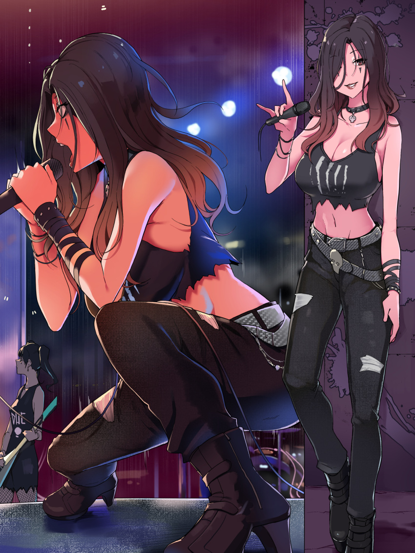 2girls belt_buckle boots bracelet breasts buckle choker cleavage commentary_request crop_top electric_guitar gradient_hair guitar hair_over_one_eye high_heel_boots high_heels highres instrument jewelry large_breasts long_hair makeup microphone midriff multicolored_hair multiple_girls narration navel original pants screaming shirt skull_belt skull_necklace smile speech_bubble torn_clothes torn_pants torn_shirt translation_request wakamatsu372 wallet_chain