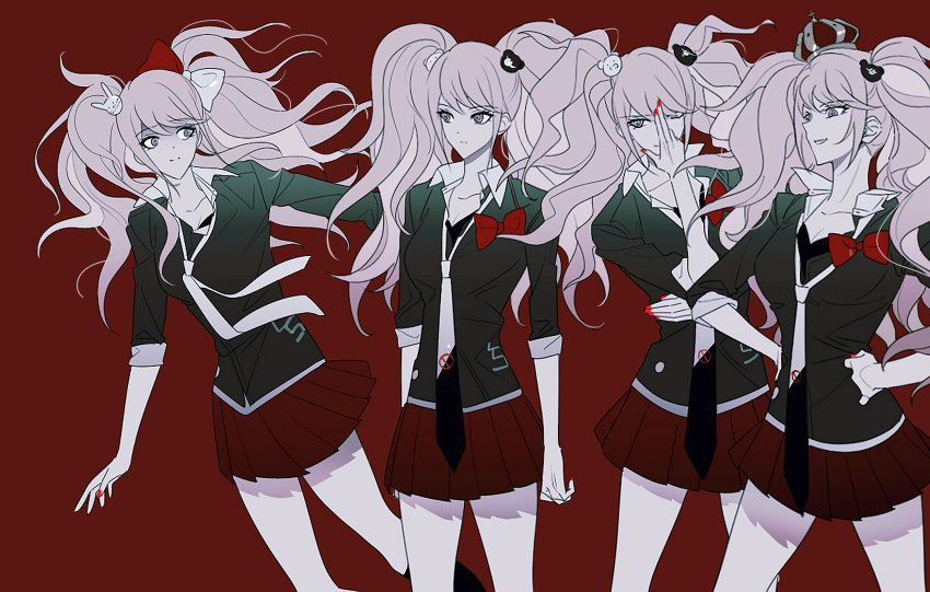 4girls bangs bear_hair_ornament black_bra black_neckwear black_shirt bow bra breasts bunny_hair_ornament cosplay cowboy_shot crown danganronpa:_trigger_happy_havoc danganronpa_(series) dual_persona enoshima_junko enoshima_junko_(cosplay) freckles hair_ornament hands_on_hips highres ikusaba_mukuro long_hair looking_at_another medium_breasts miniskirt multiple_girls necktie pleated_skirt red_background red_bow red_nails red_skirt shaded_face shirt skirt smiel smile spoilers standing twintails underwear vo1ez white_bow white_neckwear