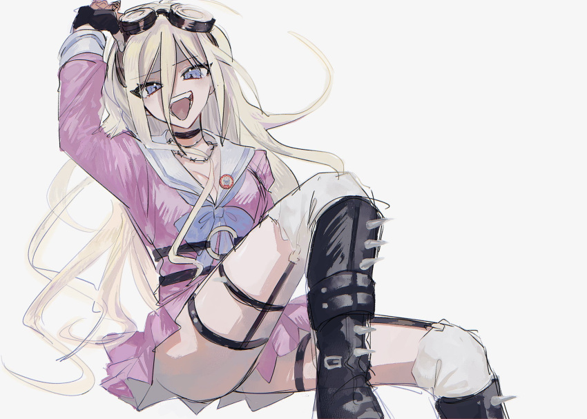 1girl :d ahoge arm_up bangs black_gloves blonde_hair blue_eyes boots breasts choker cleavage commentary_request cross-laced_footwear danganronpa_(series) danganronpa_v3:_killing_harmony fingerless_gloves gloves goggles goggles_on_head grey_background hair_between_eyes highres iruma_miu large_breasts long_hair looking_at_viewer o-ring open_mouth pleated_skirt sailor_collar school_uniform serafuku shirt simple_background sitting skirt smile solo spiked_boots thighhighs tongue tongue_out ze_ro_saiji