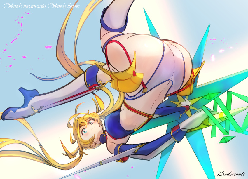 1girl artist_request ass blonde_hair blue_eyes bradamante_(fate/grand_order) braid breasts character_name commentary_request detached_sleeves elbow_gloves fate/grand_order fate_(series) french_braid gloves high_heels highres italian kashioreo leotard long_hair medium_breasts polearm shield solo spear weapon