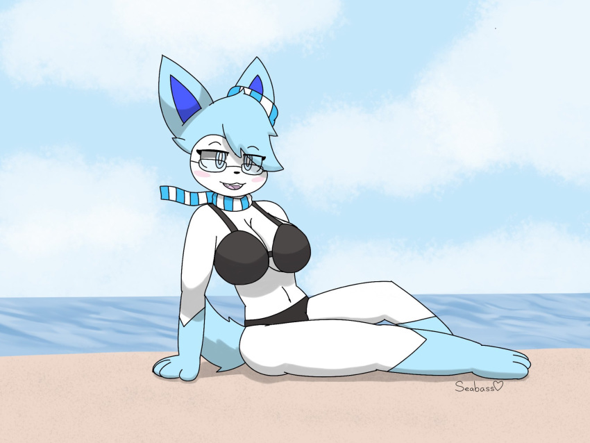 anthro beach bikini bikini_bottom bikini_top biped blue_eyes blue_hair blue_paws blue_tail blush breasts celeste_(seabass) cleavage clothed clothing eeveelution eyewear female fur glasses hair hi_res nintendo open_mouth pok&eacute;mon pok&eacute;mon_(species) scarf sea seabass seaside shiny_pok&eacute;mon solo swimwear sylveon video_games water white_body white_fur