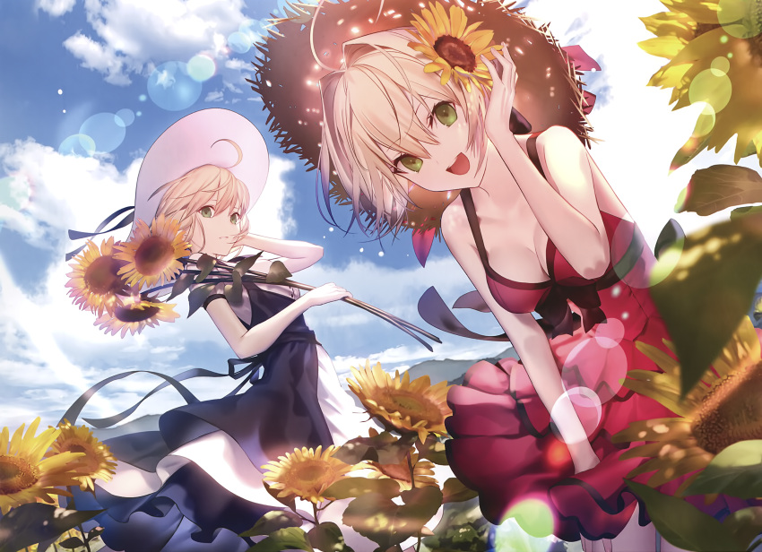 2girls artoria_pendragon_(all) blonde_hair breasts cleavage clouds cropped dress fate/grand_order fate_(series) flowers green_eyes hat nero_claudius_(fate) saber saber_alter scan shinooji short_hair sky summer summer_dress sunflower