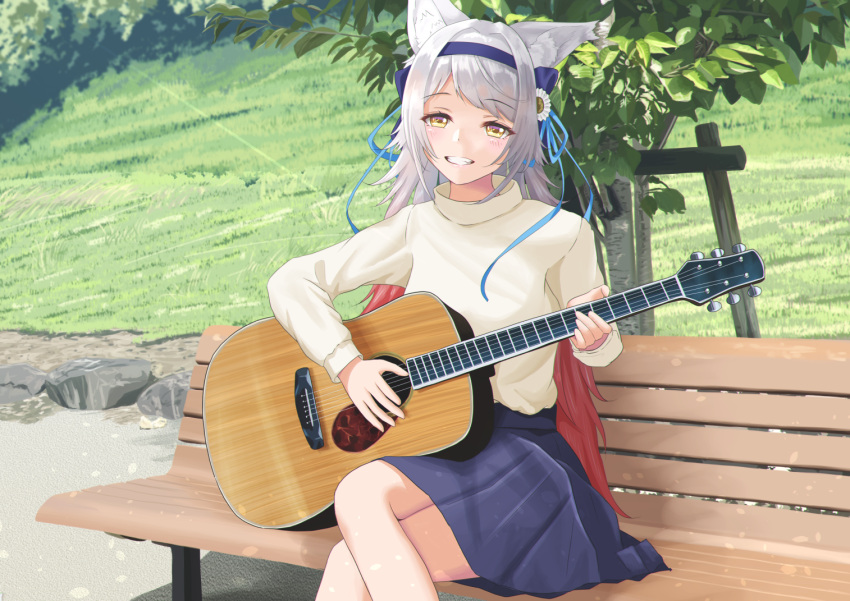 1girl animal_ears bangs bench commentary_request crossed_legs daisy day diffraction_spikes eyebrows_visible_through_hair flower gradient_hair grass grin guitar hair_flower hair_ornament hair_ribbon holding holding_instrument indie_virtual_youtuber instrument kurou_satsuki long_hair long_sleeves looking_at_viewer multicolored_hair on_bench outdoors park_bench pink_hair ribbon sena_(illust_sena) silver_hair sitting smile solo sweater swept_bangs teeth tree very_long_hair virtual_youtuber white_sweater wolf_ears yellow_eyes