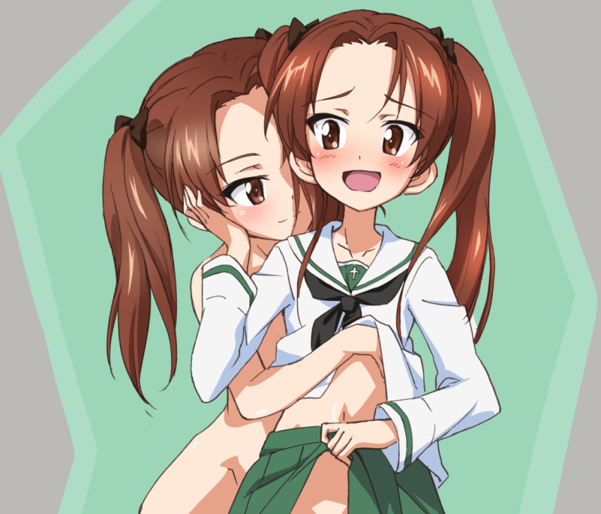 2girls bangs black_bow black_neckwear blouse blush bow brown_eyes brown_hair closed_mouth commentary_request commission dual_persona girls_und_panzer green_skirt hair_bow hand_on_another's_face hug hug_from_behind kadotani_anzu kumagapaniti lifted_by_another lifted_by_self long_hair long_sleeves looking_at_another miniskirt multiple_girls navel neckerchief nude ooarai_school_uniform open_mouth parted_bangs partial_commentary pleated_skirt sailor_collar school_uniform selfcest serafuku shirt_lift skeb_commission skirt skirt_lift smirk standing twintails white_blouse white_sailor_collar yuri