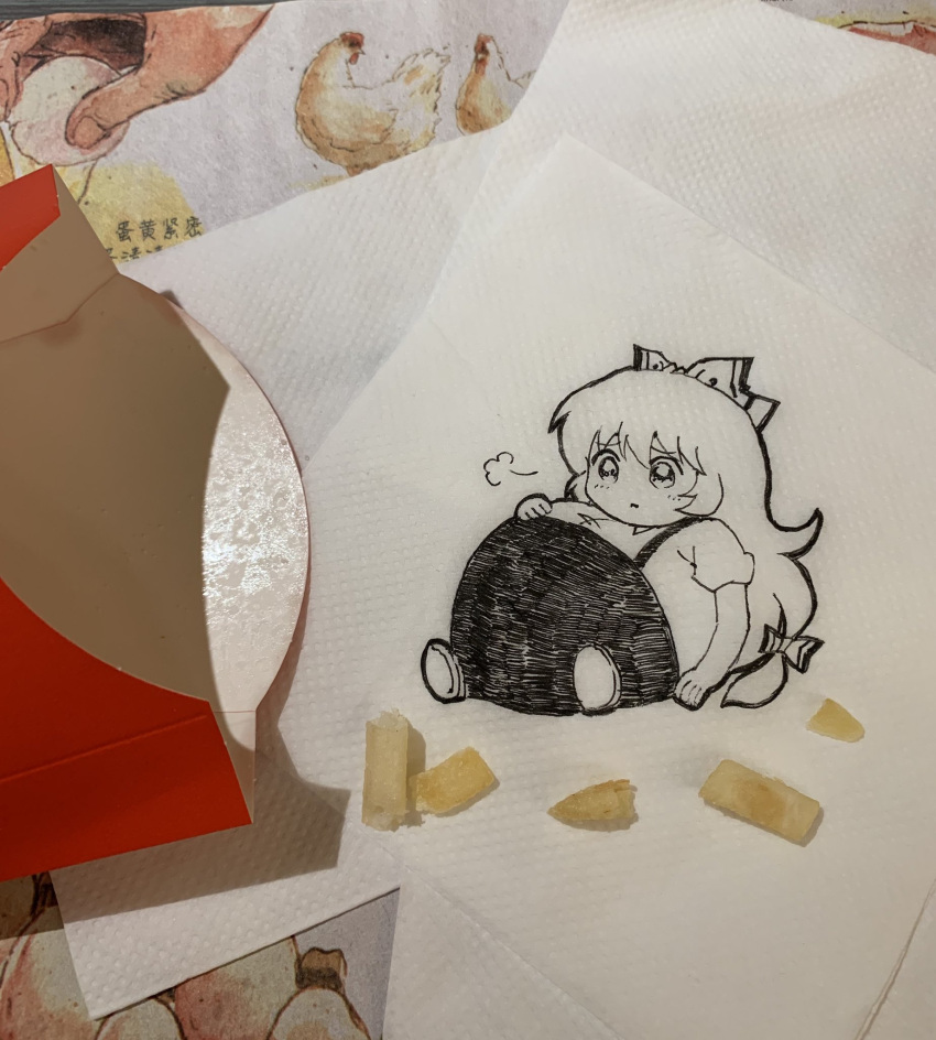 1girl =3 big_belly bow closed_mouth eyebrows_visible_through_hair fat food french_fries frown fujiwara_no_mokou full_body hair_bow hand_on_own_stomach highres jokanhiyou long_hair mcdonald's napkin no_nose pants photo_(medium) puffy_short_sleeves puffy_sleeves short_sleeves sketch solo suspenders symbol_commentary tagme touhou traditional_media unconventional_media