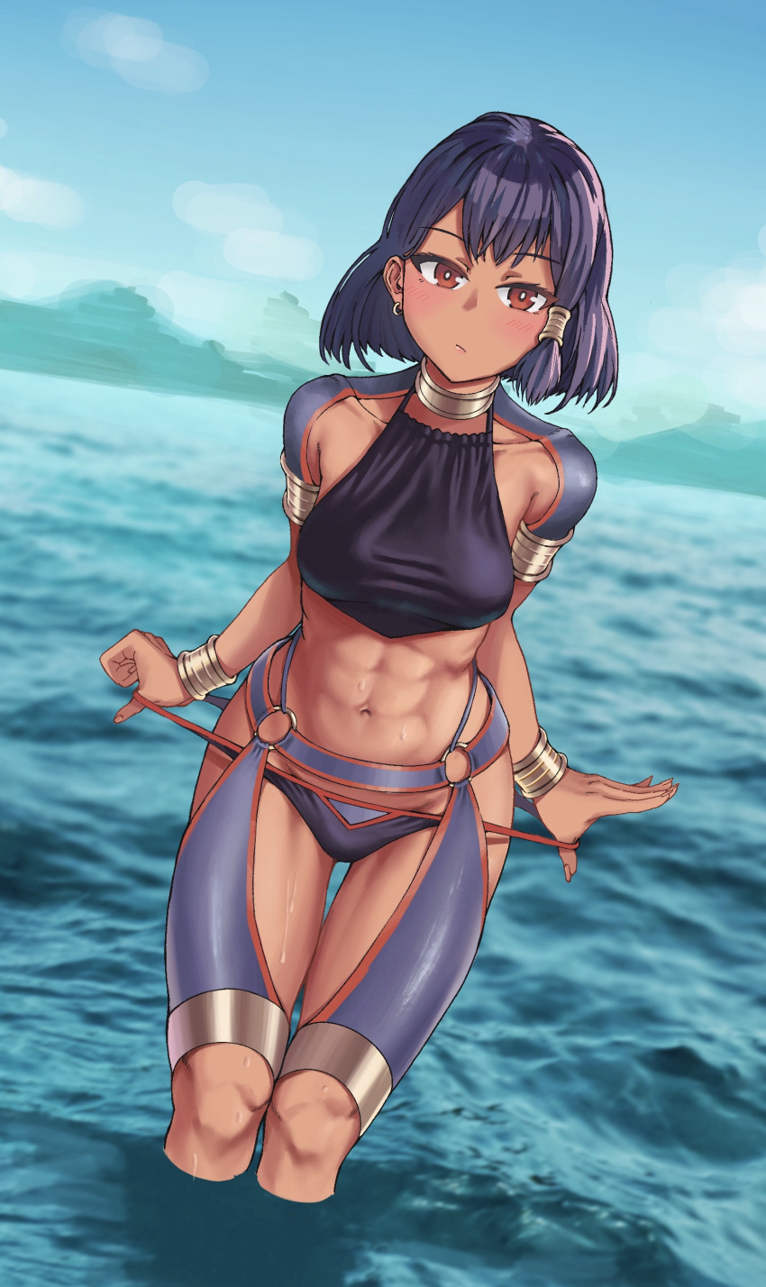 1girl abs abstract_background absurdres adjusting_clothes blue_hair blush breasts brown_eyes collarbone dark_skin earrings frown hair_ornament highres jewelry midriff original short_hair solo tan toned traditional_clothes user_hcej3384 water