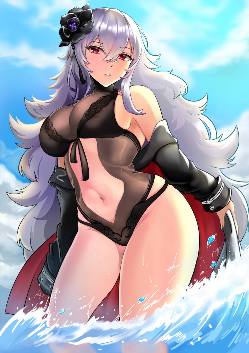 1girl absurdres angel_lingxing azur_lane bangs black_coat black_flower black_rose black_swimsuit blue_sky breasts casual_one-piece_swimsuit cleavage clothing_cutout coat crossed_bangs eyebrows_visible_through_hair flower fur-trimmed_coat fur_trim graf_zeppelin_(azur_lane) graf_zeppelin_(beachside_urd)_(azur_lane) highres impossible_clothes impossible_swimsuit large_breasts long_hair looking_at_viewer navel navel_cutout official_alternate_costume one-piece_swimsuit open_clothes open_coat red_eyes rose silver_hair sky solo swimsuit swimwear taut_clothes taut_swimsuit very_long_hair wading water