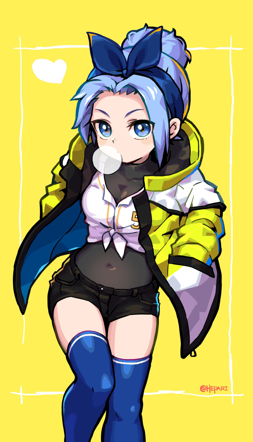 1girl absurdres baseball_jersey black_shorts blue_bow blue_eyes blue_hairband blue_legwear bodysuit borrowed_character bow breasts bubble_blowing chewing_gum commission english_commentary front-tie_top hair_bun hairband hands_in_pockets hepari highres jacket looking_at_viewer medium_breasts minah_(chaesu) open_clothes open_jacket original sheer_clothes shorts solo thighhighs updo yellow_background
