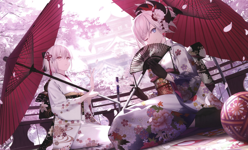 2girls blonde_hair blue_eyes cropped fate/grand_order fate_(series) gloves japanese_clothes kimono miyamoto_musashi_(fate/grand_order) okita_souji_(fate) pink_hair scan shinooji short_hair umbrella yellow_eyes