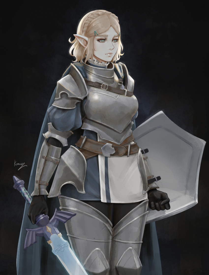 1girl armor armored_boots belt black_background black_gloves blonde_hair boots breastplate breasts cowboy_shot faulds gloves greaves green_eyes highres holding holding_shield holding_sword holding_weapon kumanz large_breasts master_sword plate_armor pointy_ears princess_zelda shield shoulder_armor signature simple_background solo spaulders sword the_legend_of_zelda the_legend_of_zelda:_breath_of_the_wild thigh_boots thighhighs weapon