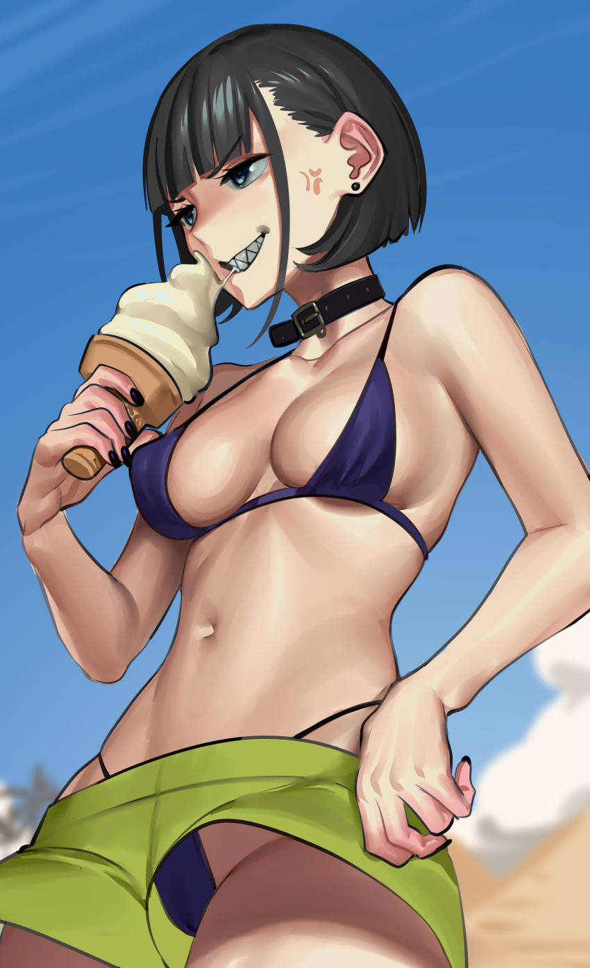 1girl absurdres bangs bikini bikini_under_clothes black_hair blue_bikini blue_sky blunt_bangs breasts collar cowboy_shot earrings food green_shorts hair_behind_ear highres holding holding_food ice_cream ice_cream_cone jewelry medium_breasts navel nia_(nia4294) original sharp_teeth short_hair shorts sky smile solo swimsuit teeth uhi_(nia) upshorts