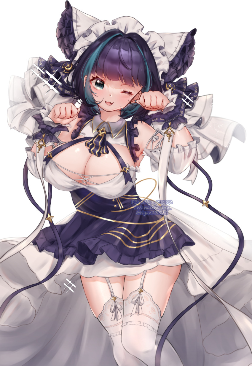 1girl absurdres animal_ears aqua_hair azur_lane bare_shoulders breasts cat_ears cheshire_(azur_lane) cleavage detached_sleeves dress fake_animal_ears fang frilled_hairband frills garter_straps hairband highres large_breasts looking_at_viewer nya_nyan one_eye_closed paw_pose puffy_detached_sleeves puffy_short_sleeves puffy_sleeves purple_apron purple_hair shiny shiny_skin short_sleeves simple_background skin_fang solo thighhighs thighs white_background white_dress white_legwear wrist_cuffs