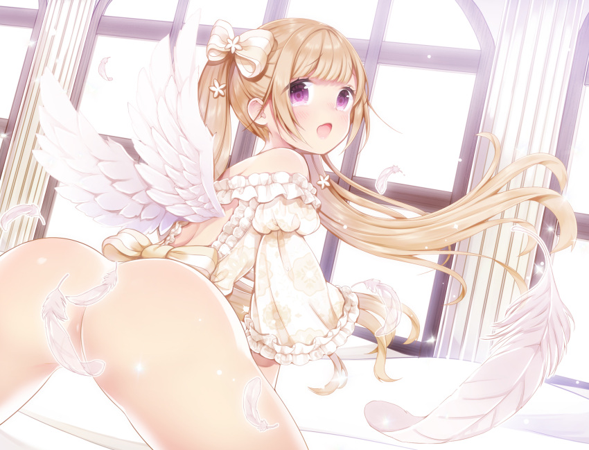 angel ass feathers long_hair mintsu_(ichi--kun) nopan original purple_eyes twintails wings