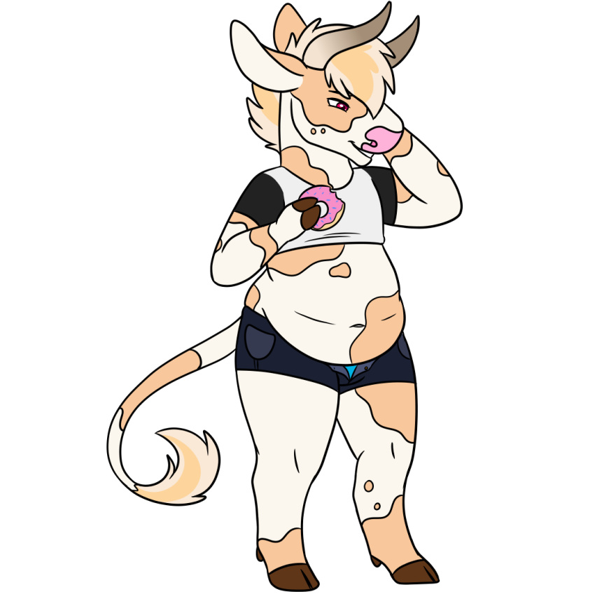 2018 anthony_(goldiescales) anthro bovid bovine brown_hooves cattle chubby_male dessert doughnut food goldiescales hooves male mammal pink_nose simple_background slightly_chubby solo standing trans_(lore) trans_man_(lore) white_background