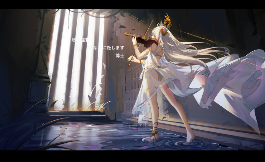 1girl animal_ears arknights bikini blonde_hair chinese_commentary floating_hair full_body highres horse_ears horse_girl horse_tail instrument laurel_crown letterboxed long_hair music official_alternate_costume platinum_(arknights) platinum_(shimmering_dew)_(arknights) playing_instrument scenery see-through swimsuit tail very_long_hair violin wading white_bikini xiao_feng yellow_eyes
