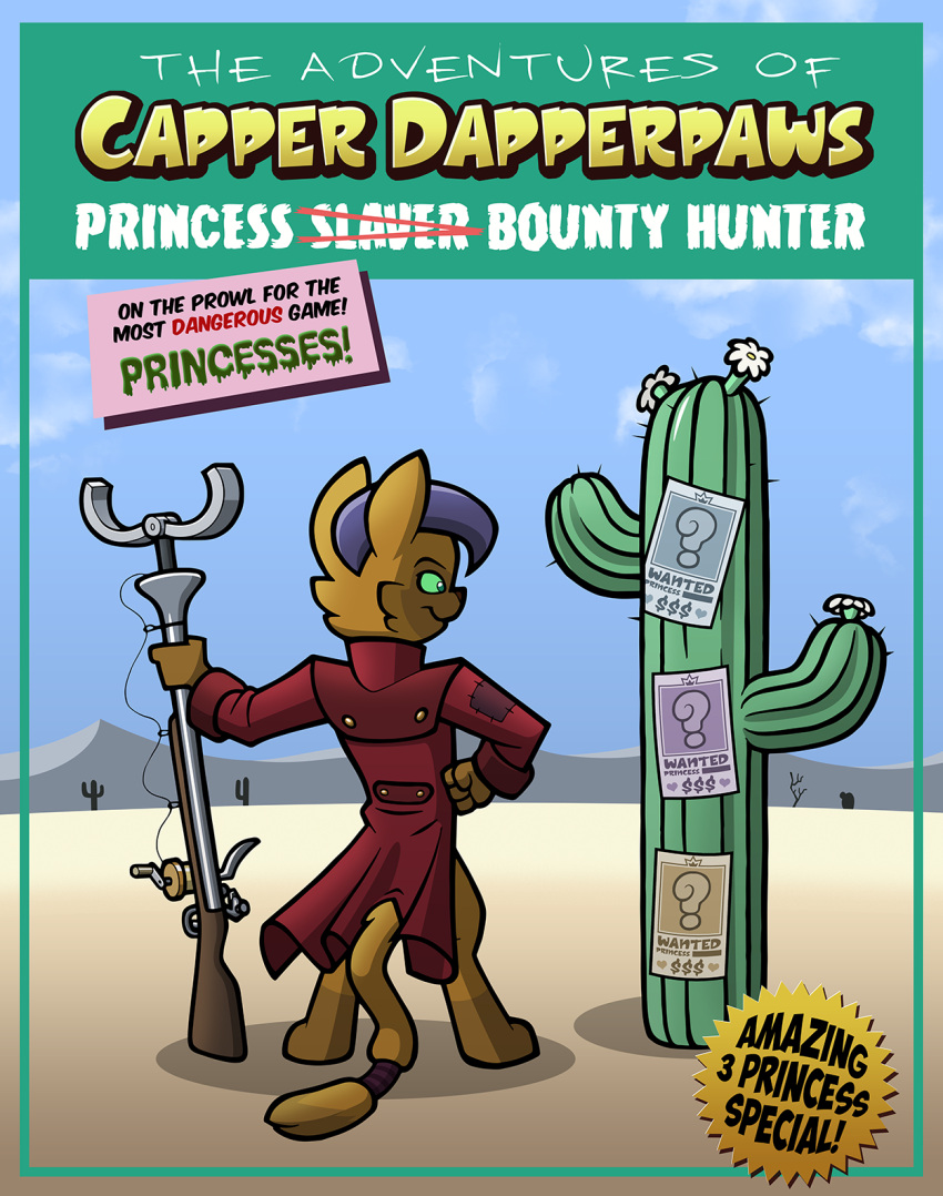 anthro cactus capper_dapperpaws clothing coat desert domestic_cat felid feline felis friendship_is_magic green_sclera hair hasbro hi_res mammal my_little_pony my_little_pony:_the_movie_(2017) plant purple_hair toonbat topwear trenchcoat wanted_poster weapon