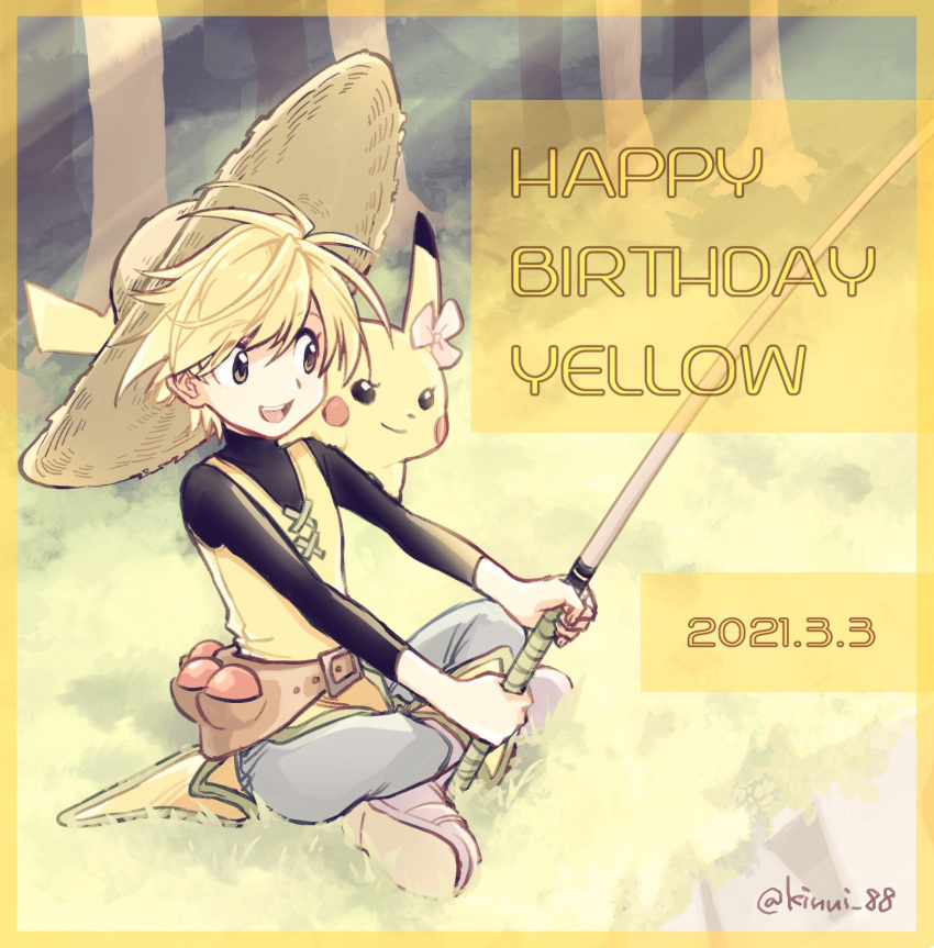 1girl artist_name bangs belt blonde_hair brown_eyes character_name chuchu_(pokemon) commentary_request dated day eyelashes fishing_rod gen_1_pokemon grass happy_birthday hat highres holding holding_fishing_rod kinui_88 open_mouth outdoors pants pikachu pokemon pokemon_(creature) pokemon_adventures pokemon_on_arm short_hair sitting smile straw_hat teeth tongue tree yellow_(pokemon)