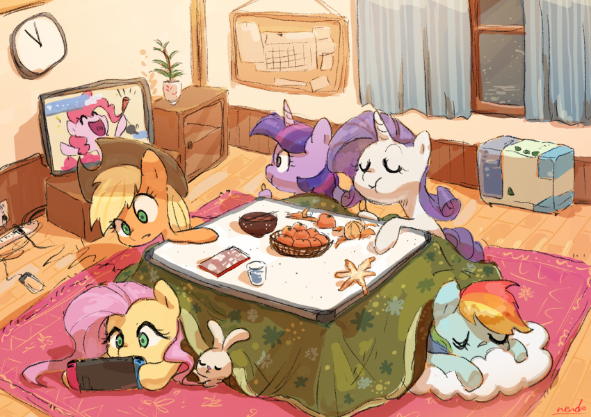 2021 angel_(mlp) applejack_(mlp) blonde_hair clothing detailed_background earth_pony eating equid equine female feral fluttershy_(mlp) food friendship_is_magic fruit gaming green_eyes group hair hasbro hat headgear headwear hi_res horn horse kotatsu lagomorph long_hair mammal multicolored_hair my_little_pony nendo nintendo nintendo_switch open_mouth open_smile orange_(fruit) pink_hair pinkie_pie_(mlp) plant playing_videogame pony purple_hair rainbow_dash_(mlp) rarity_(mlp) signature sleeping smile television twilight_sparkle_(mlp) unicorn video_games