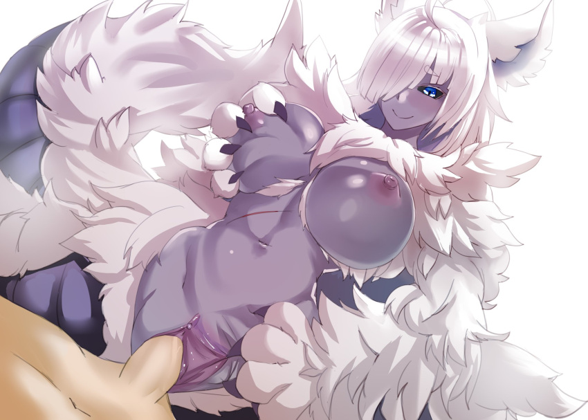 1boy 1girl animal_ears areolae black_sclera blue_eyes breasts bunyip_(monster_girl_encyclopedia) claws clitoris closed_mouth colored_sclera colored_skin commission fur grey_skin hetero highres lamia large_breasts monster_girl monster_girl_encyclopedia navel nipples penis pussy scar second-party_source self_fondle senbon_tsuki sex smile solo_focus spread_pussy uncensored vaginal